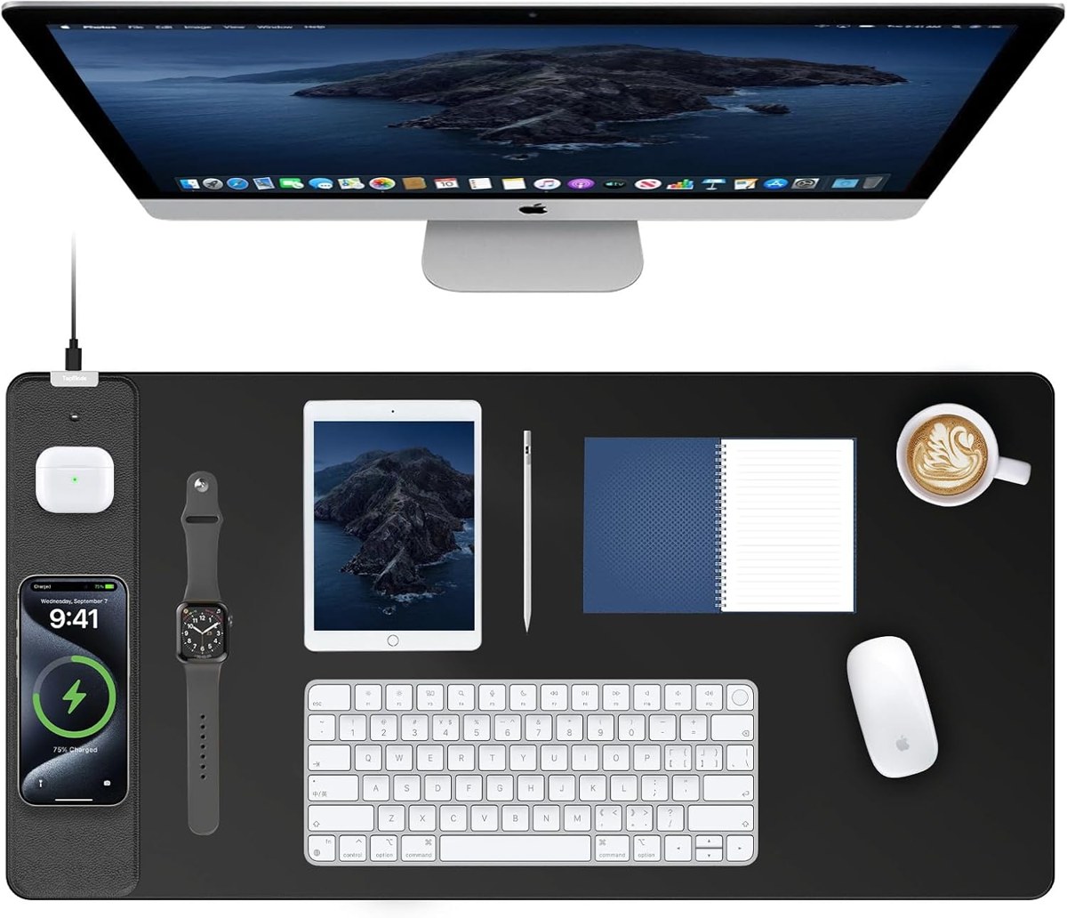 TopMade 15W Charging Desk Mat, Topographic and Classic Black