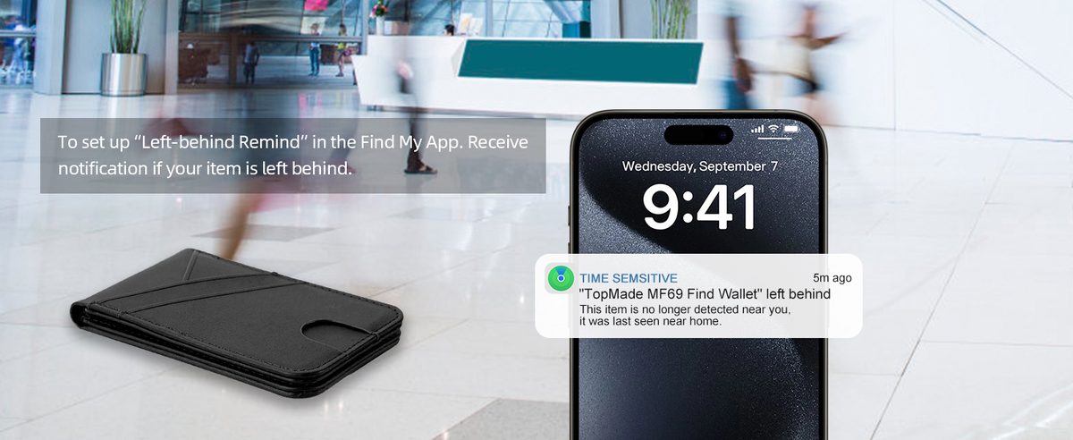 Left Behind alert from a TopMade Find My wallet on an iPhone