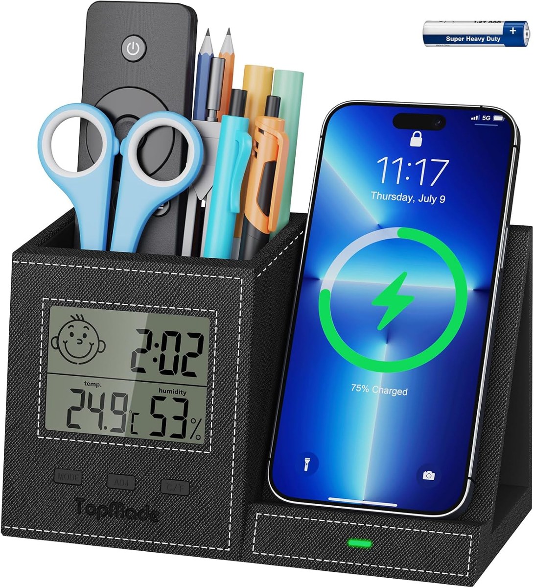 TopMade Pen Holder Charger with LED Clock and Thermometer