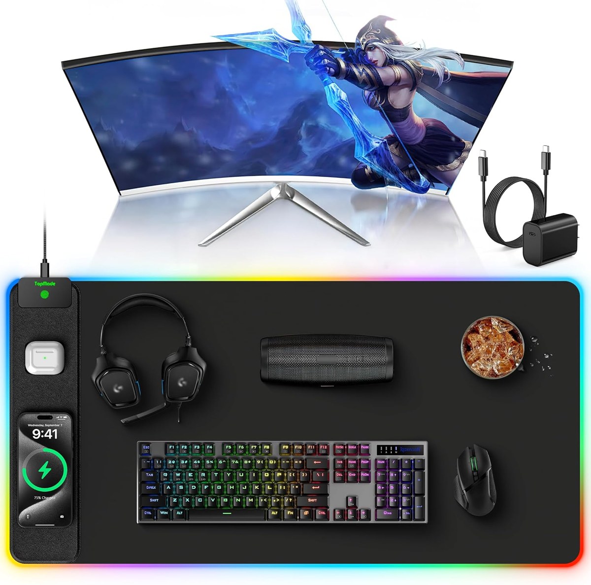 TopMade 5-in-1 RGB Gaming Mouse Pad with Wireless Charging